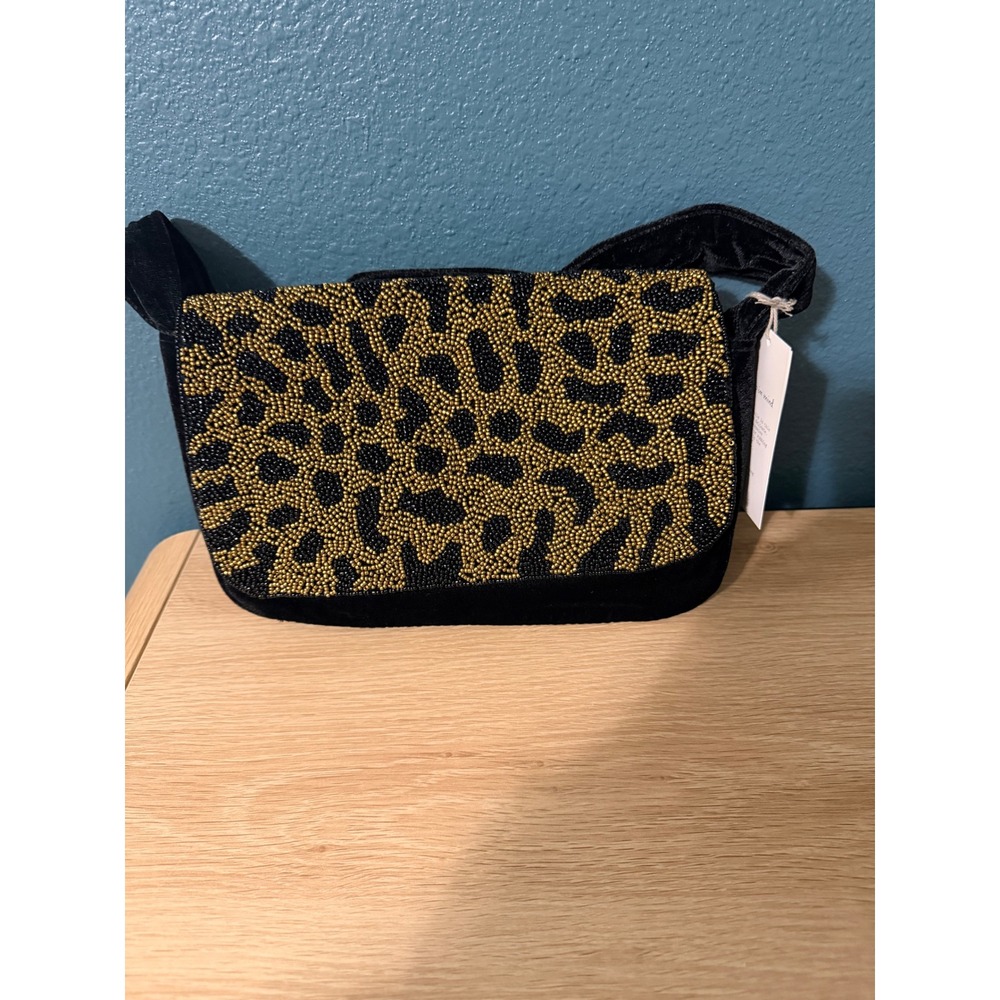 A New Day Beaded Leopard Print Shoulder Bag Black Velvet Animal Print NWT